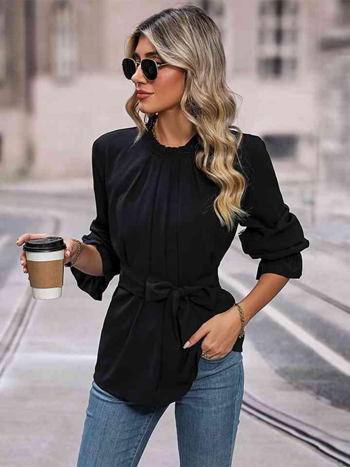 Round Neck Tie Waist Long Sleeve Blouse Blouses Trendsi   