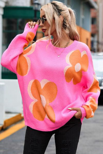 Flower Dropped Shoulder Sweater Sweaters Trends Fuchsia Pink S 
