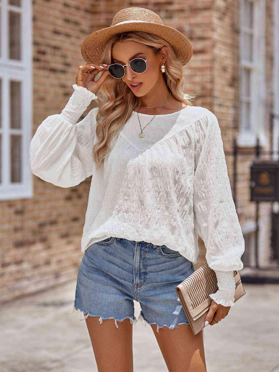 Round Neck Lantern Sleeve Blouse Blouses Trendsi   