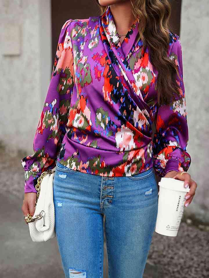 Printed Long Sleeve Wrap Look Blouse Blouses Trendsi   