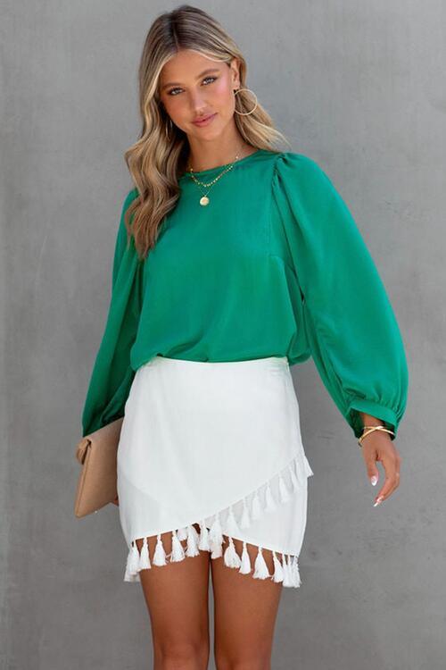 Round Neck Ruff Sleeve Blouse Blouses Trendsi   
