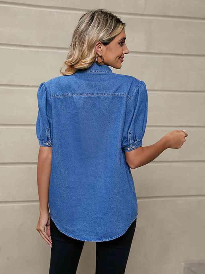 Short Puff Sleeve Denim Shirt Tops Trendsi   