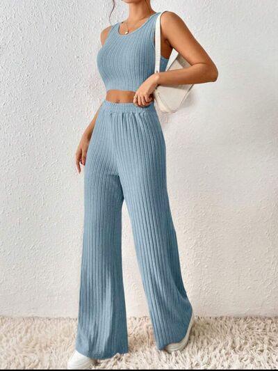 Ribbed Round Neck Tank and Pants Sweater Set Pant Set Trends   