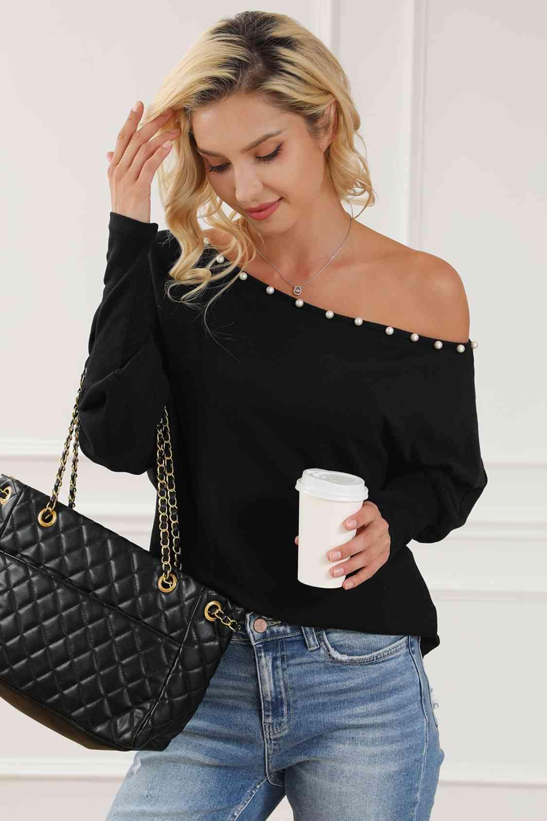 Pearl Trim Lantern Sleeve Top Blouses Trends   