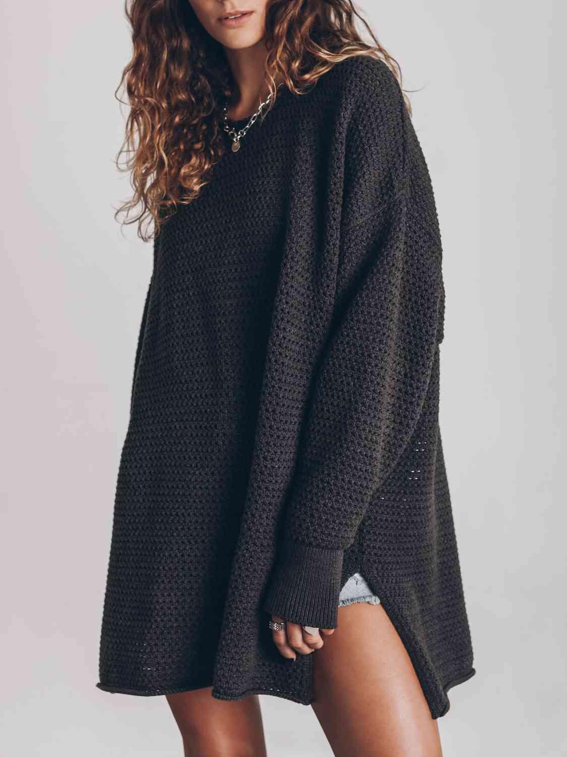 Openwork Round Neck Long Sleeve Slit Sweater Sweaters Trendsi   