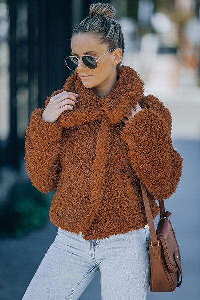 Fuzzy Snap Down Long Sleeve Jacket Jackets Trendsi   