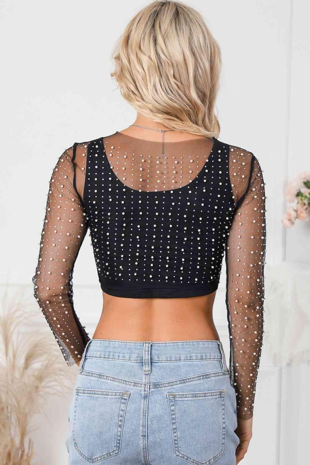Pearl Mesh Log Sleeve Cropped Top Blouses Trendsi   