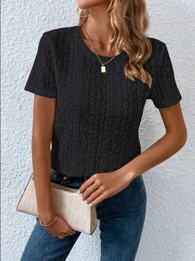 Eyelet Round Neck Short Sleeve T-Shirt T-Shirts Trendsi Chocolate S 
