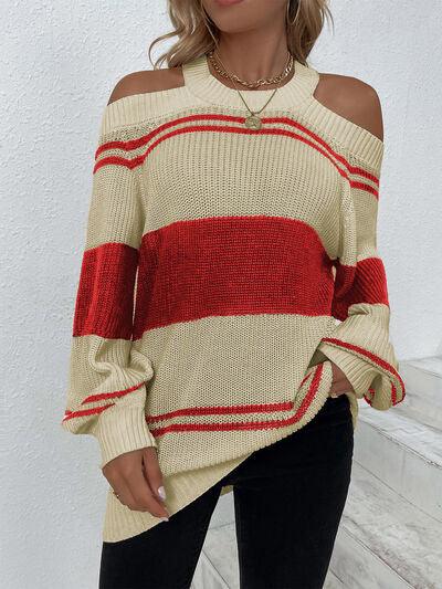 Color Block Striped Cold Shoulder Sweater Sweaters Trendsi   