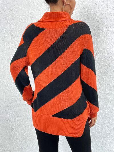 Striped Turtleneck Dropped Shoulder Sweater Sweaters Trendsi   