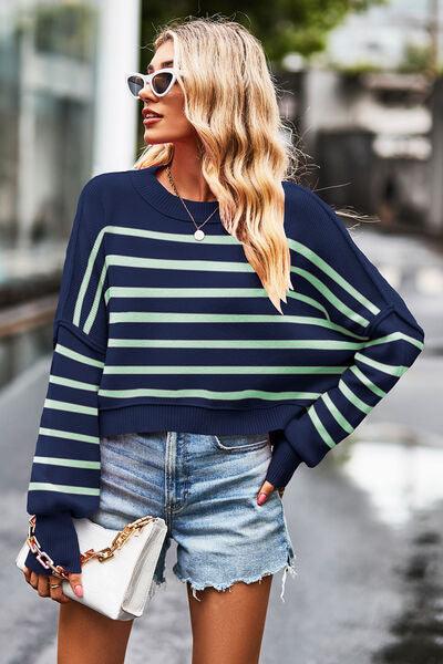Striped Drop Shoulder Sweater Tops Trendsi Navy S 