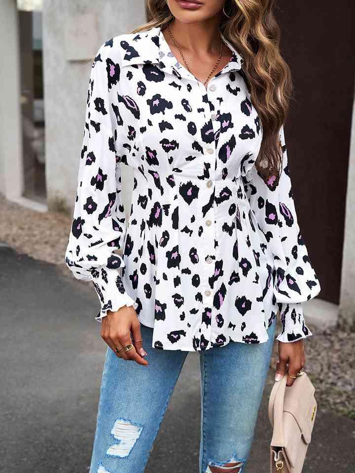 Printed Button-Up Lantern Sleeve Shirt Button-Up Trendsi Cow Print S 