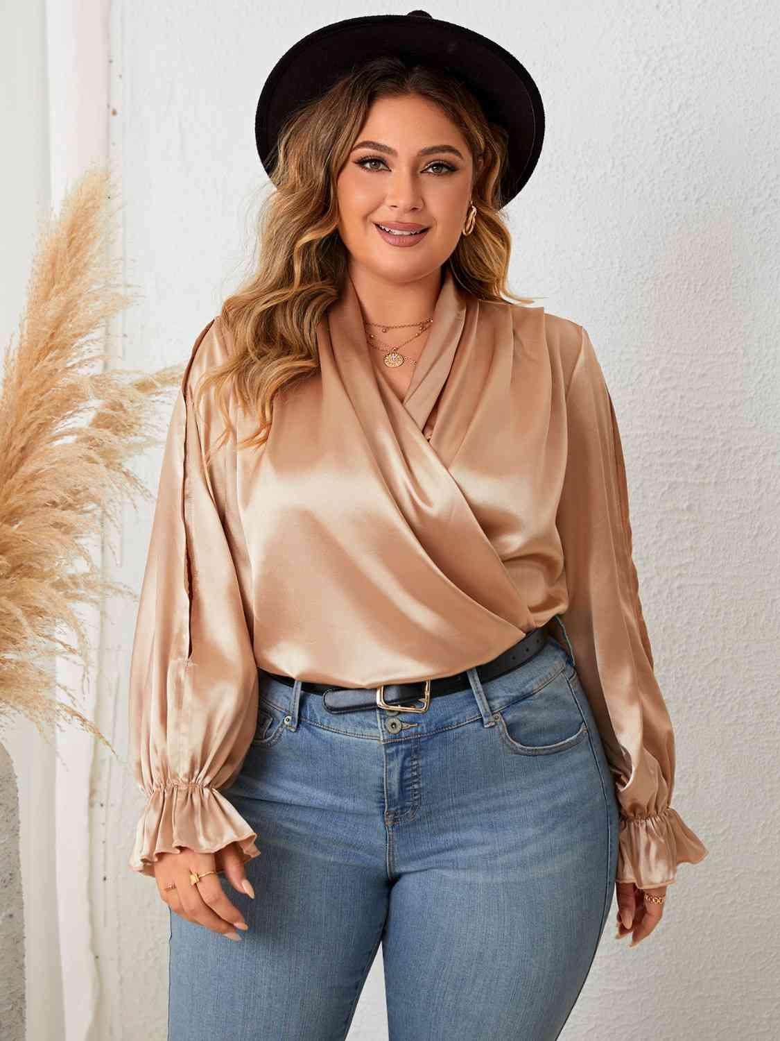 Surplice Neck Flounce Sleeve Blouse Tops Trendsi   