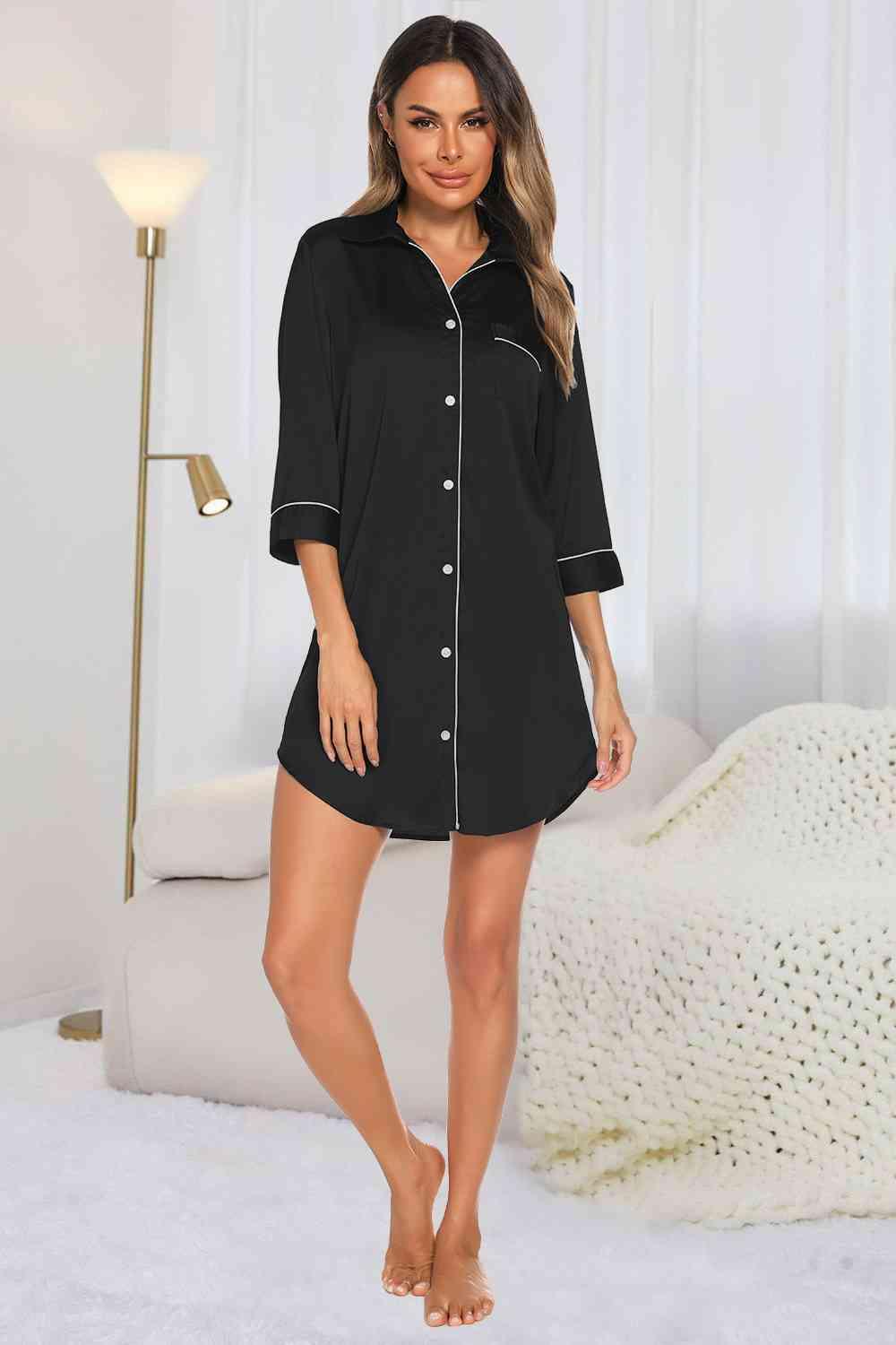 Button Up Collared Neck Night Dress with Pocket Loungewear Trend Black S 