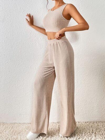 Ribbed Round Neck Tank and Pants Sweater Set Pant Set Trends   