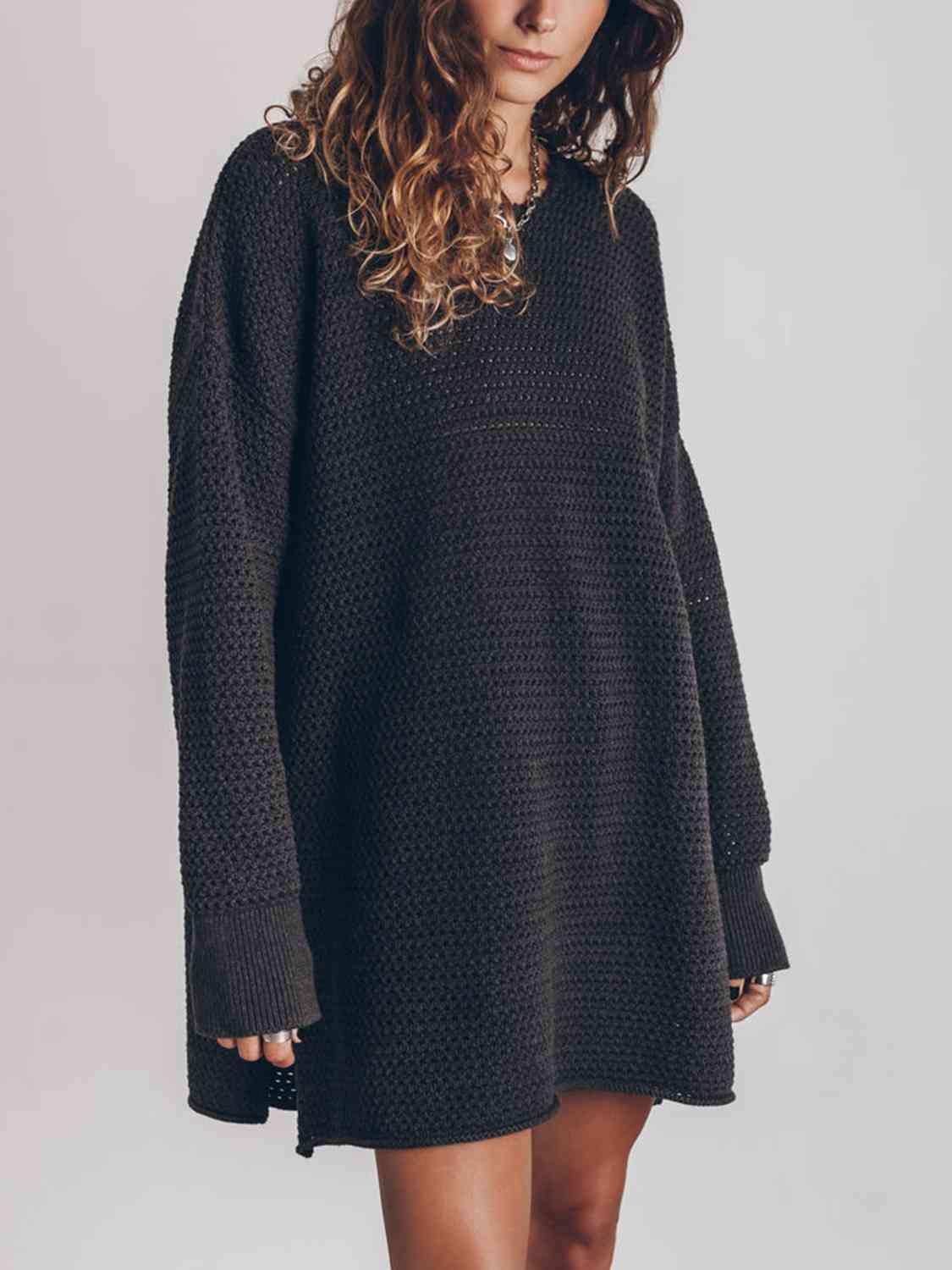 Openwork Round Neck Long Sleeve Slit Sweater Sweaters Trendsi   