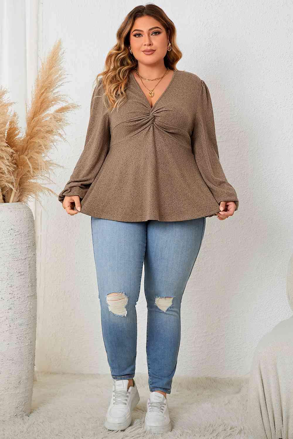 Plus Size Twist Front Balloon Sleeve Blouse Blouses Trendsi   