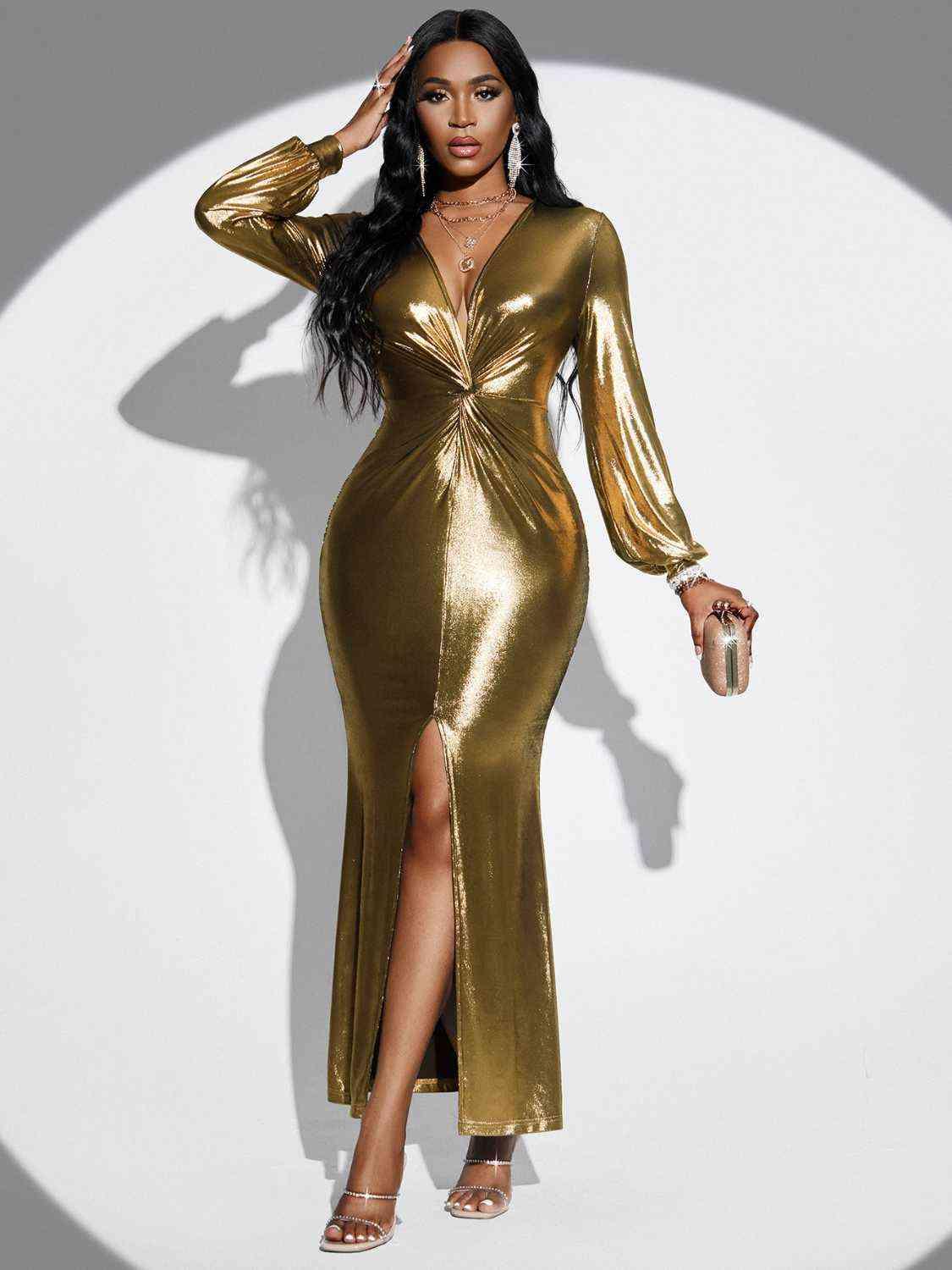 Plunge Twisted Slit Midi Dress Dresses Trendsi Gold S 