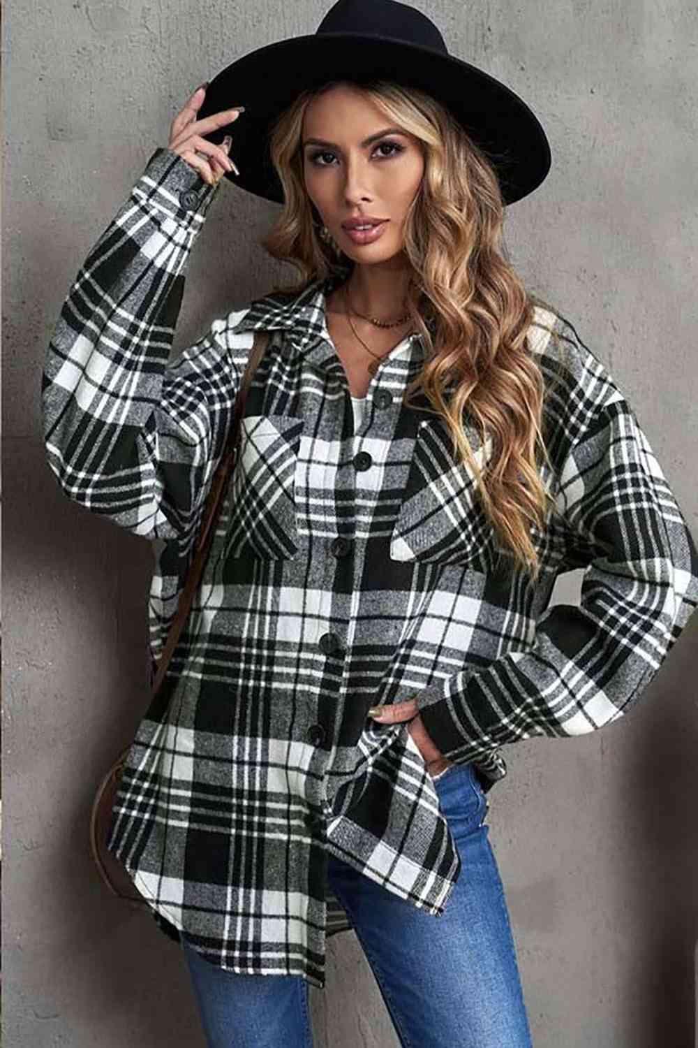 Plaid Collared Neck Button Up Jacket Jackets Trendsi Black S 