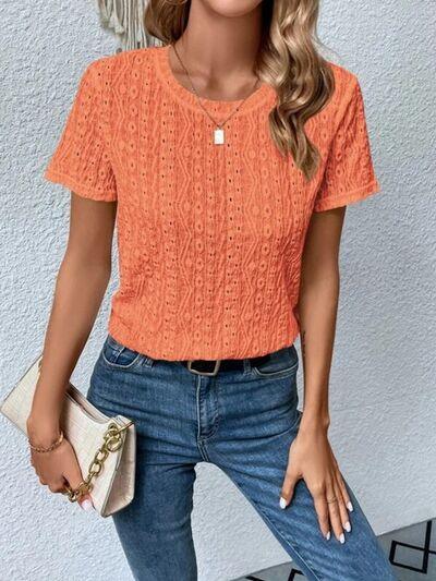 Eyelet Round Neck Short Sleeve T-Shirt T-Shirts Trendsi   