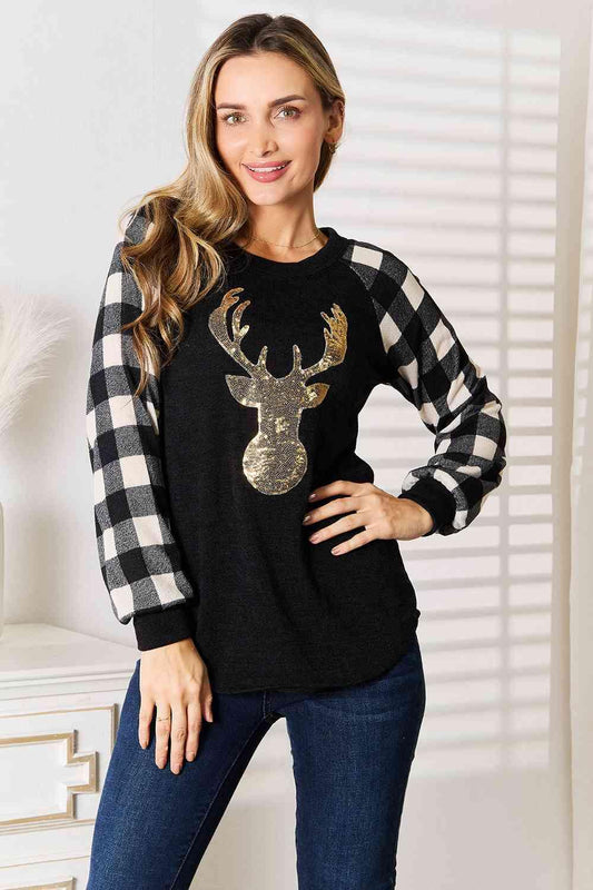 Sequin Reindeer Graphic Plaid Top Tops Trendsi Black S 