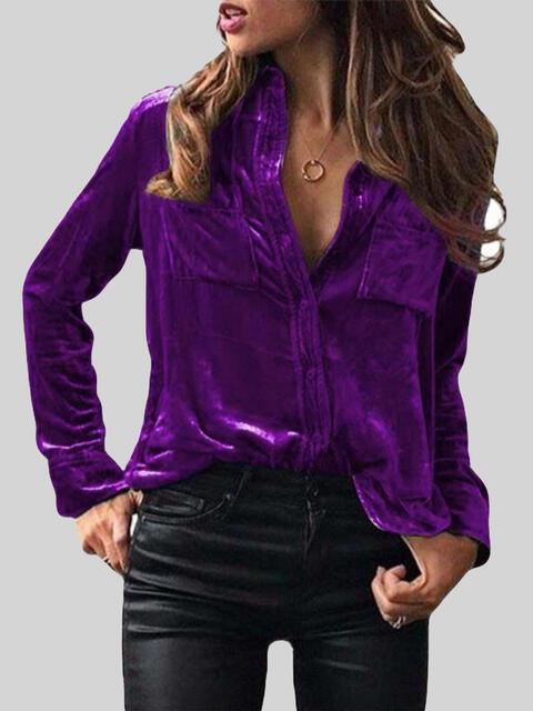 Button Up Collared Shirt with Breast Pockets Blouses Trend Violet S 