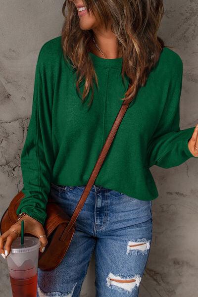 Round Neck Long Sleeve Cotton Top Tops Trendsi Green S 
