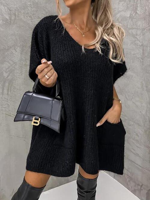V-Neck Short Sleeve Sweater with Pockets Tops Trendsi   