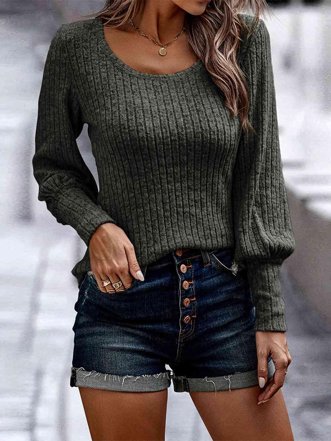 Ribbed Round Neck Long Sleeve Blouse Blouses Trends   