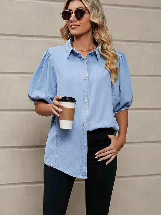 Puff Sleeve Denim Shirt Tops Trendsi Light S 