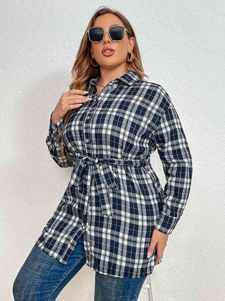 Plaid Collared Neck Tie Waist Shirt Tops Trendsi   