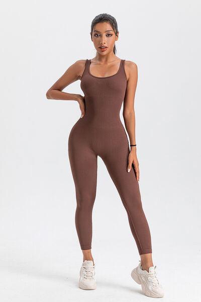 Wide Strap Sleeveless Active Jumpsuit Activewear Trendsi Chestnut S 