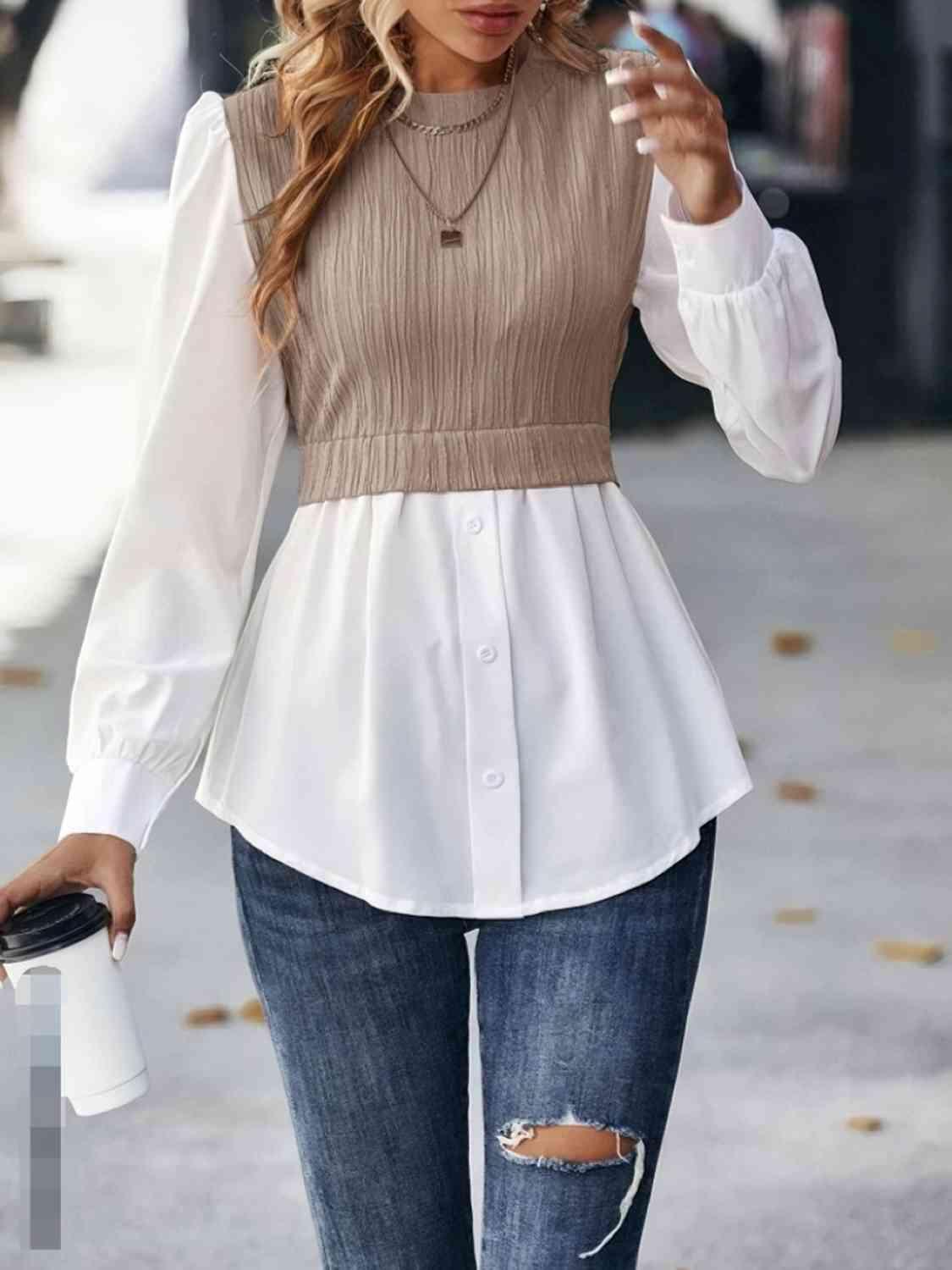 Cable Mock Vest Detail Blouse Blouses Trends   