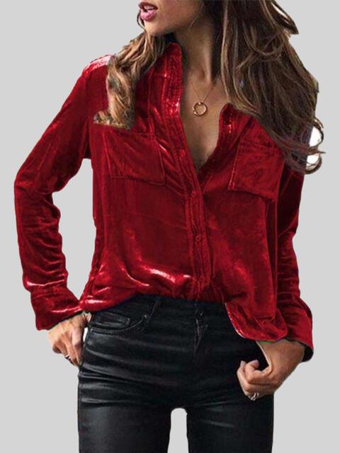 Button Up Collared Shirt with Breast Pockets Blouses Trend Wine S 