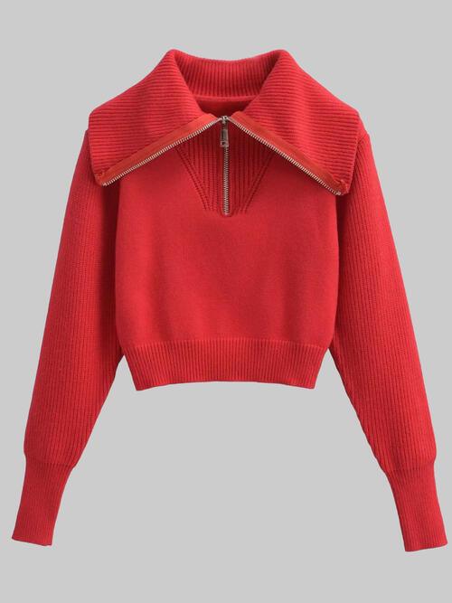 Half Zip Ribbed Collared Neck Knit Top Sweaters Trendsi Deep Red S 