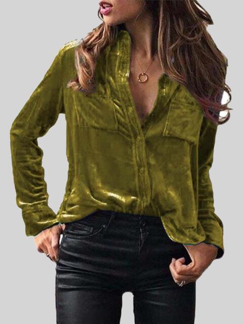 Button Up Collared Shirt with Breast Pockets Blouses Trend Matcha Green S 