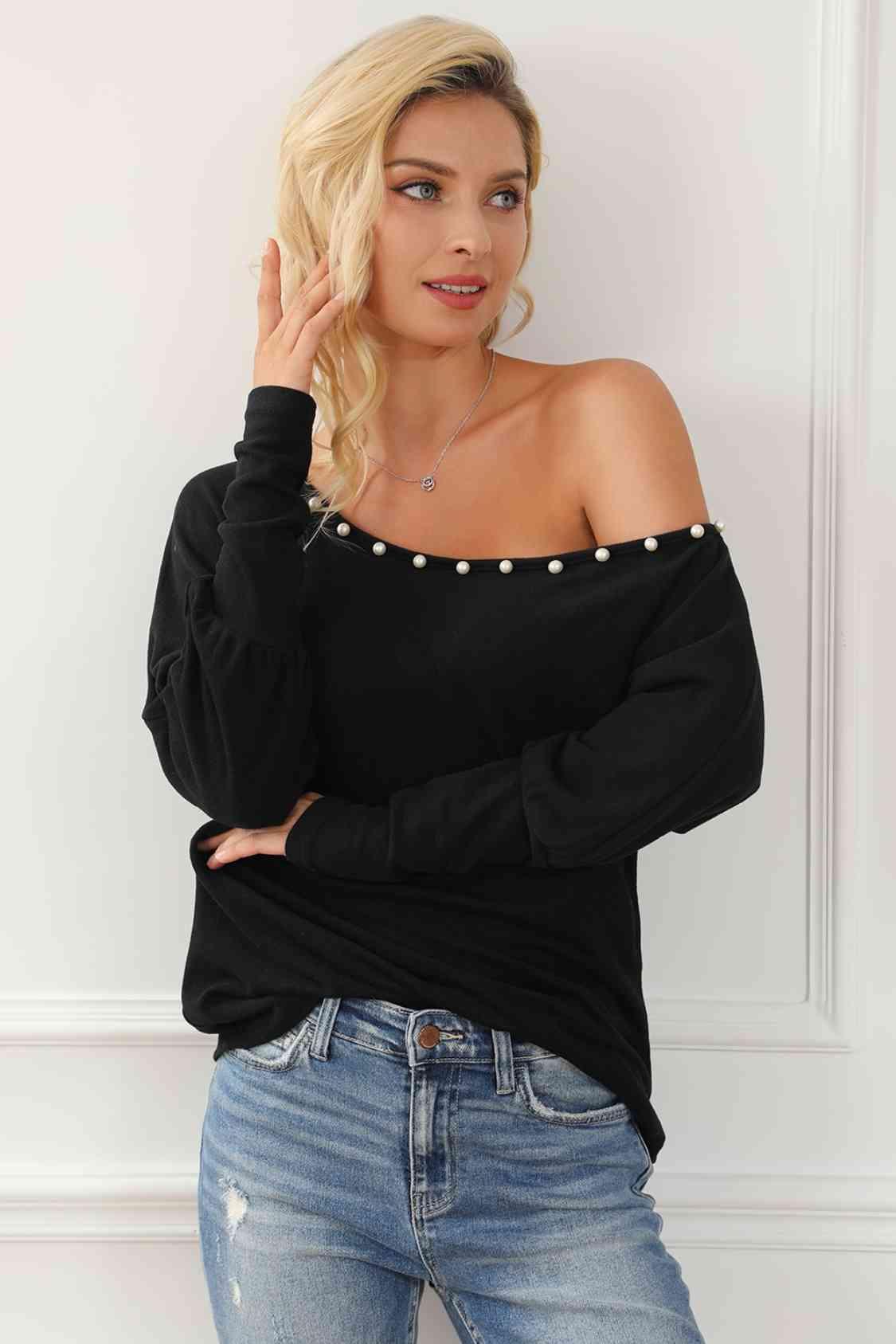 Pearl Trim Lantern Sleeve Top Blouses Trends   
