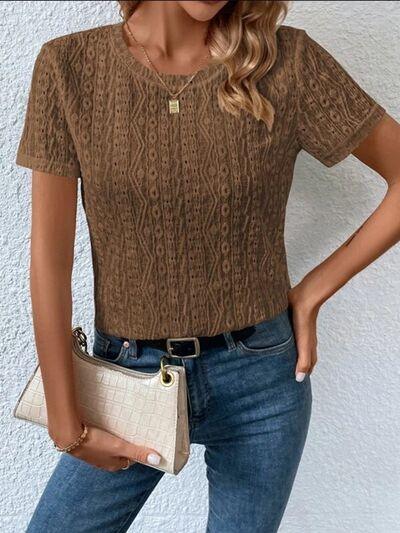 Eyelet Round Neck Short Sleeve T-Shirt T-Shirts Trendsi   