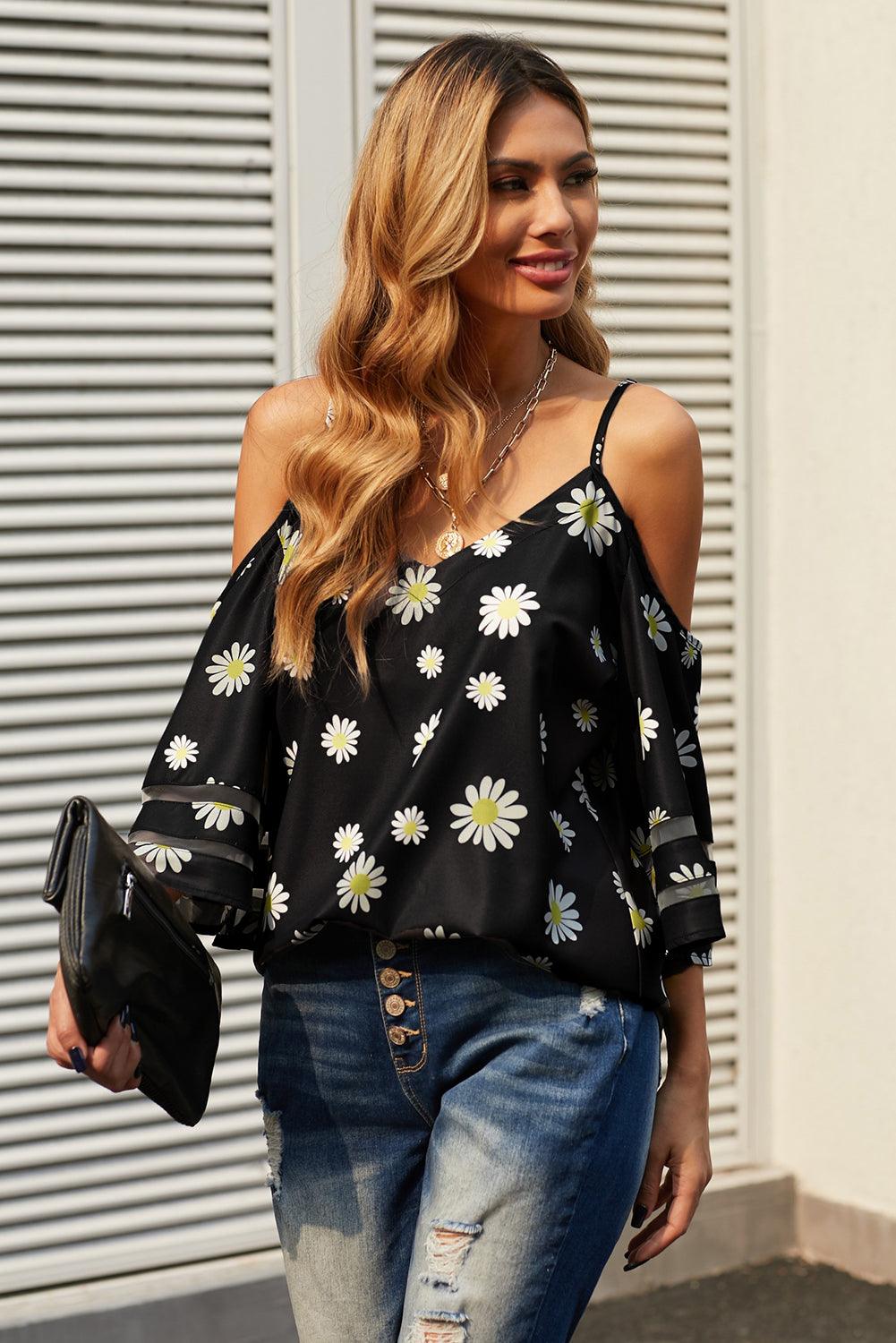 Cold-Shoulder Three-Quarter Flare Sleeve Blouse Blouses Trends   