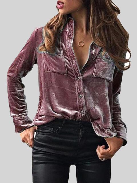 Button Up Collared Shirt with Breast Pockets Blouses Trend Lilac S 