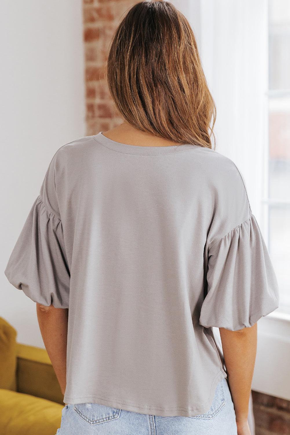 Puff Sleeve Curved Hem Blouse Blouses Trends   