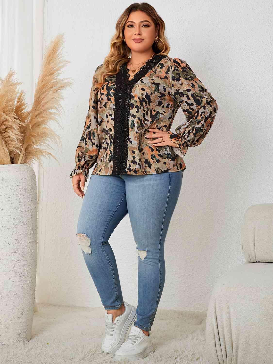 Plus Size Lace Trim Flounce Sleeve Blouse Blouses Trendsi   