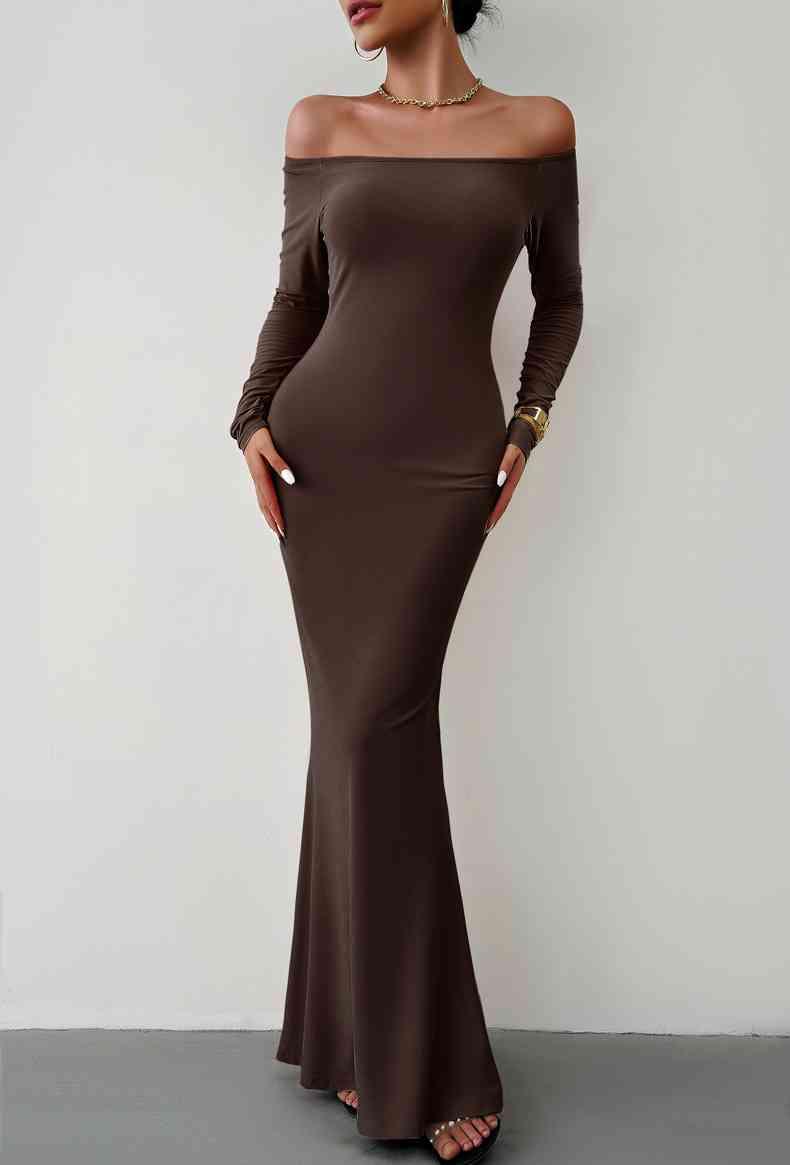 Off-Shoulder Long Sleeve Maxi Dress Dresses Trendsi   