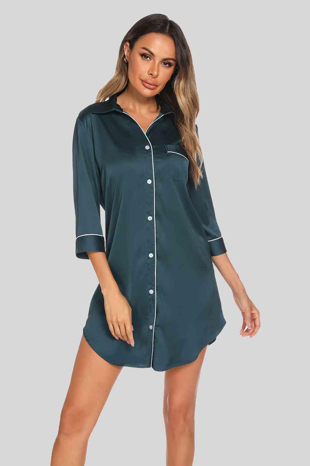 Button Up Collared Neck Night Dress with Pocket Loungewear Trend Deep Teal S 