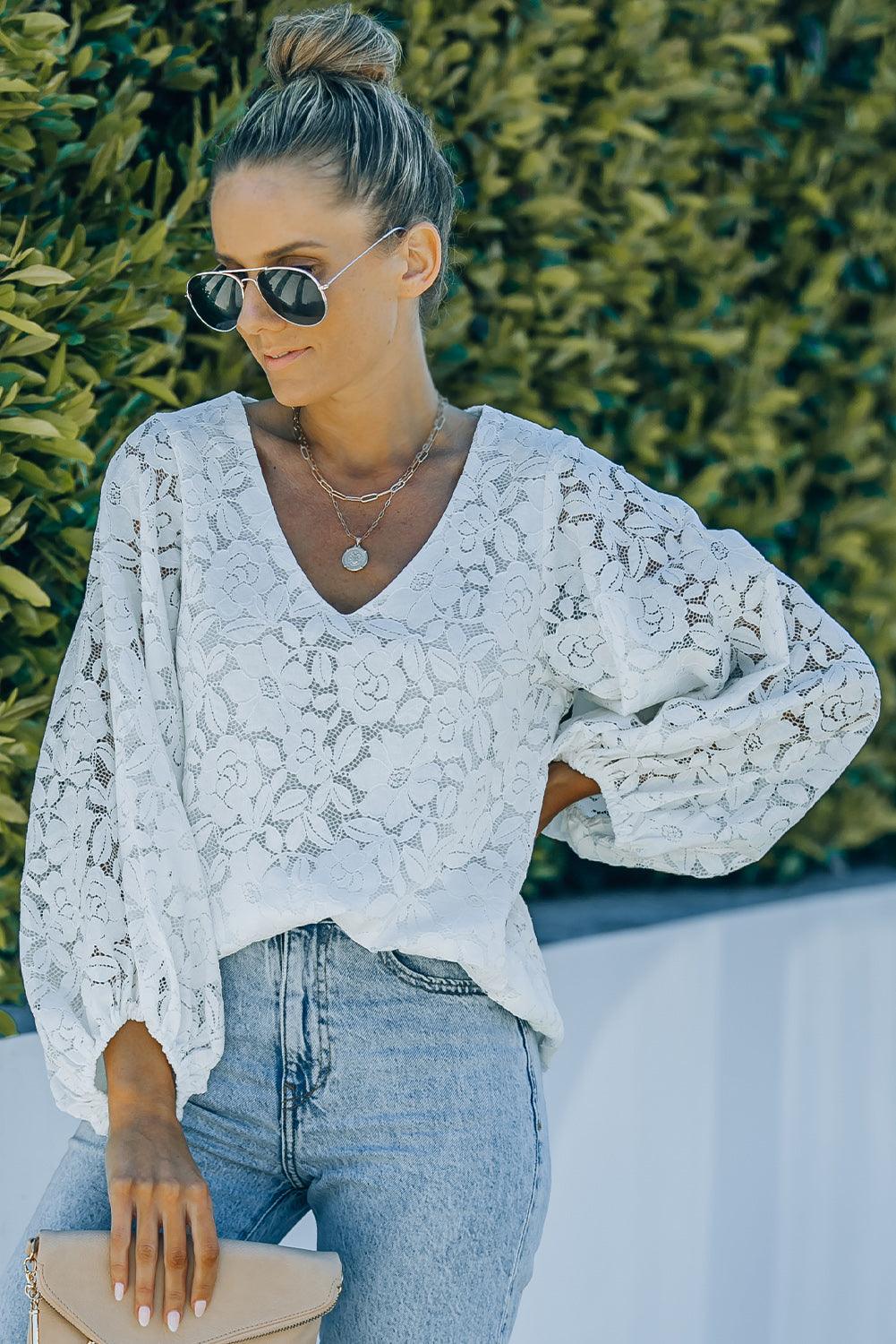 Lace Balloon Sleeve V-Neck Blouse Blouses White   