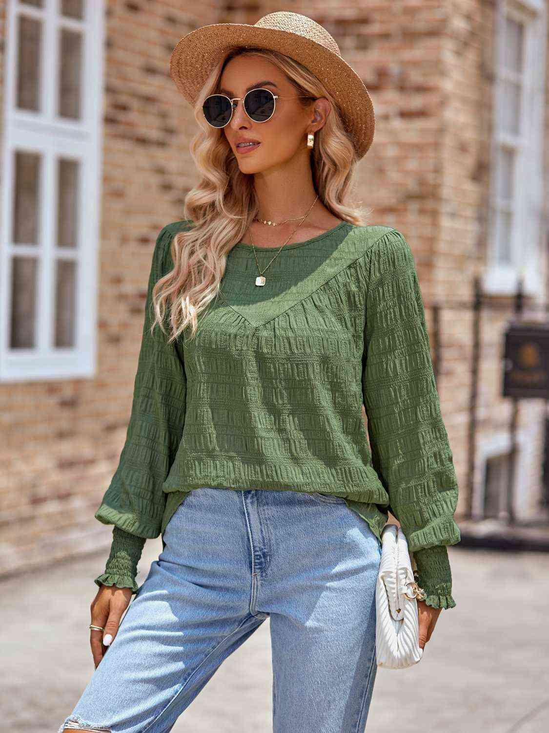 Round Neck Lantern Sleeve Blouse Blouses Trendsi   