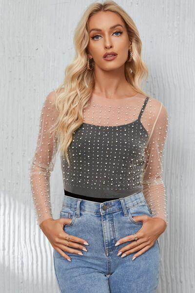 Pearl Mesh Log Sleeve Cropped Top Blouses Trendsi   