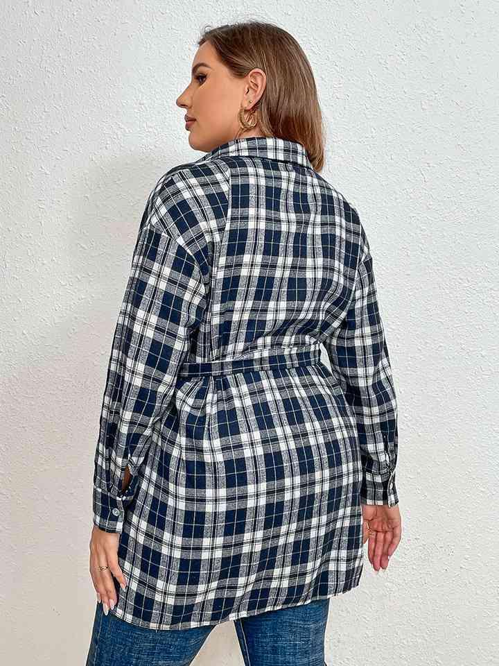 Plaid Collared Neck Tie Waist Shirt Tops Trendsi   