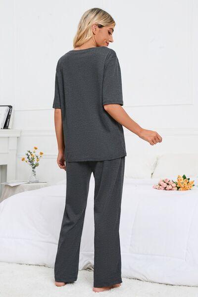Round Neck Slit Top and Pants Lounge Set Loungewear Trendsi   
