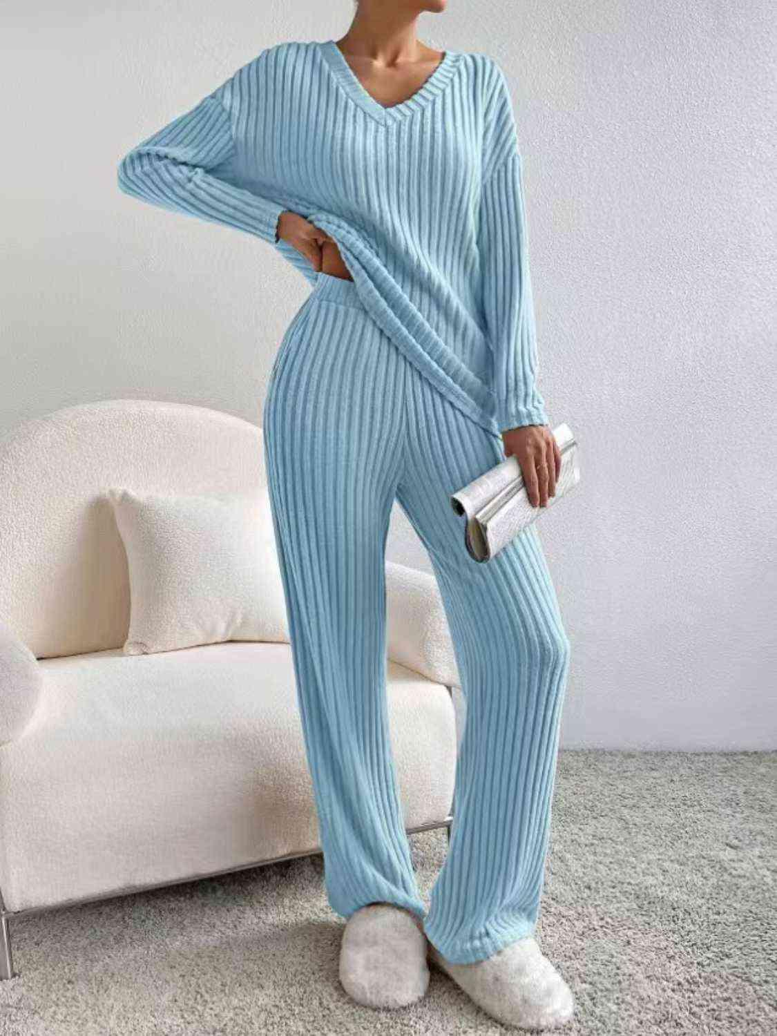 Ribbed V-Neck Long Sleeve Top and Pants Set Pant Set Trendsi   